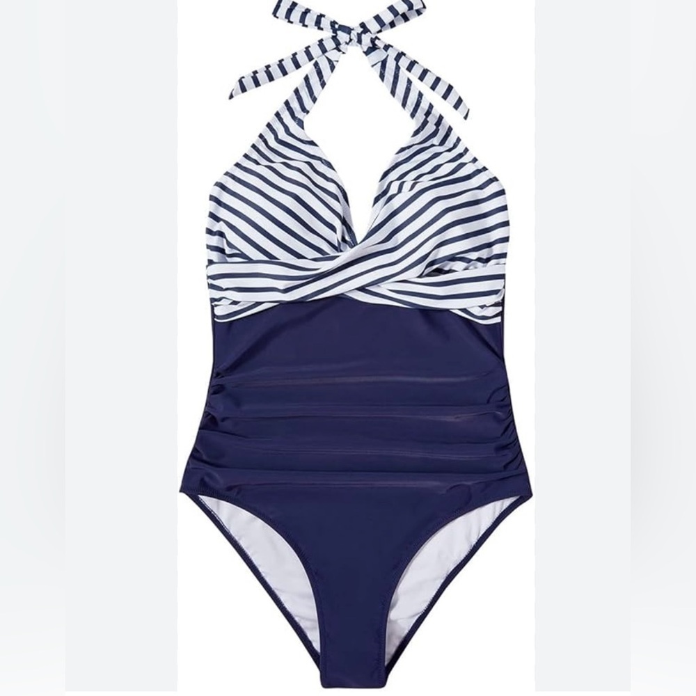 Navy and White Striped One Piece Swimsuit